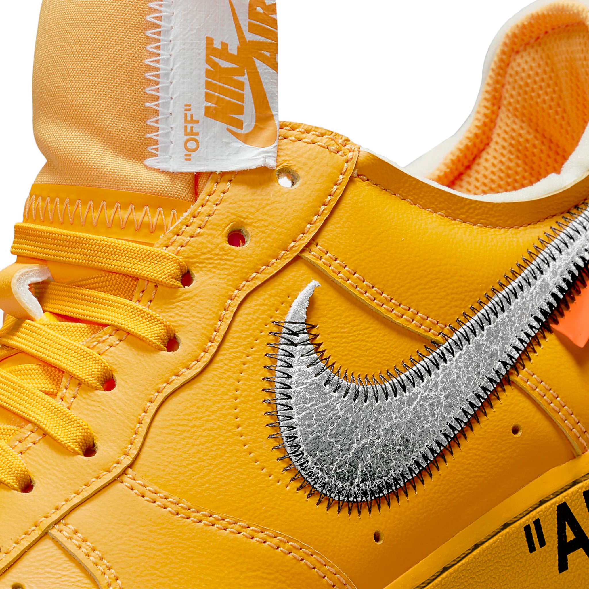 Logo view of Nike x Off White Air Force 1 Low ICA University Gold DD1876-700